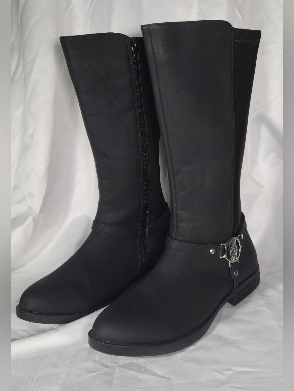 DKNY Black Mid-Calf Riding Boots with Logo Buckle